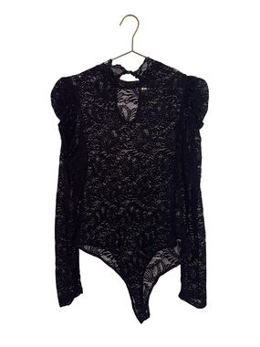 Black Lace Crochet Mock Neck & Long-Sleeve Bodysuit Size Large
